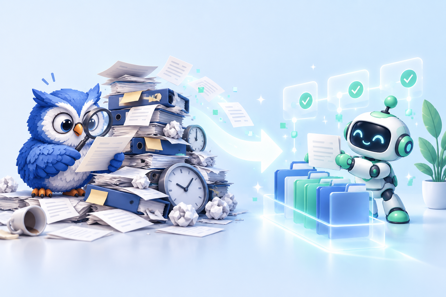 A coruja analisa uma rotina desorganizada enquanto o robô transforma documentos repetitivos em um fluxo de trabalho organizado.