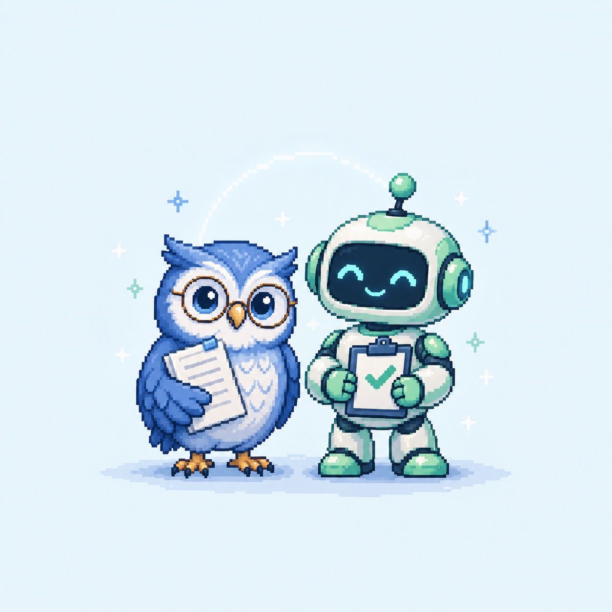 Coruja azul e robô verde: critério e tecnologia trabalhando juntos.